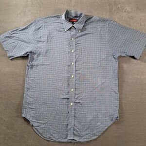 Austin Reed London Vintage Short‎ Sleeve Plaid Button Up Shirt Blue Gray Sz Lg